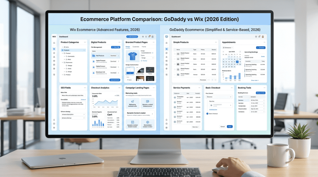 GoDaddy Vs Wix ecommerce tools for products bookings and growth