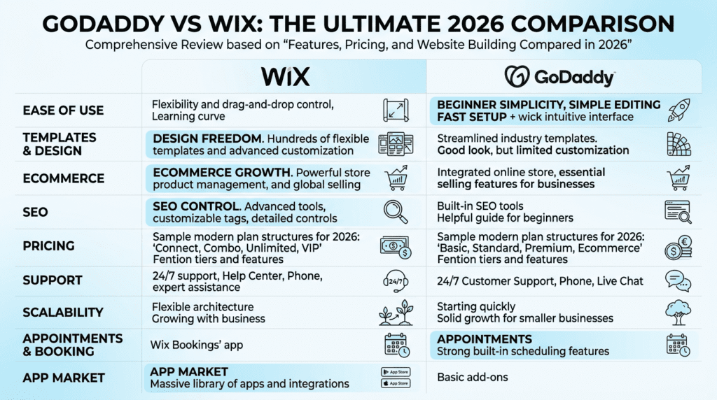 GoDaddy Vs Wix verdict table comparing features and strengths
