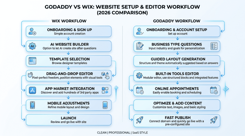 GoDaddy Vs Wix setup workflow from onboarding to publishing