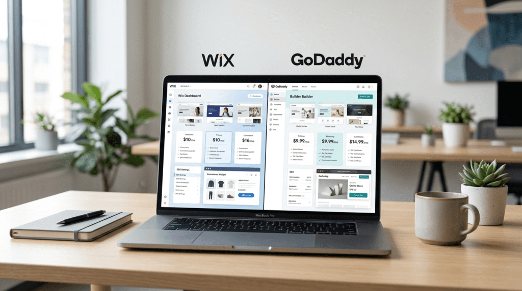 GoDaddy Vs Wix website builder comparison dashboard on a laptop