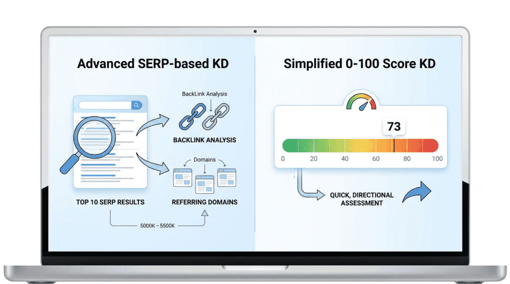 Infographic explaining Ahrefs' SERP-based keyword difficulty vs KWFinder's simplified 0-100 score.
