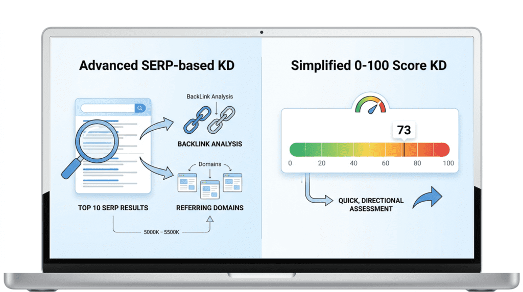 Infographic explaining Ahrefs' SERP-based keyword difficulty vs KWFinder's simplified 0-100 score.