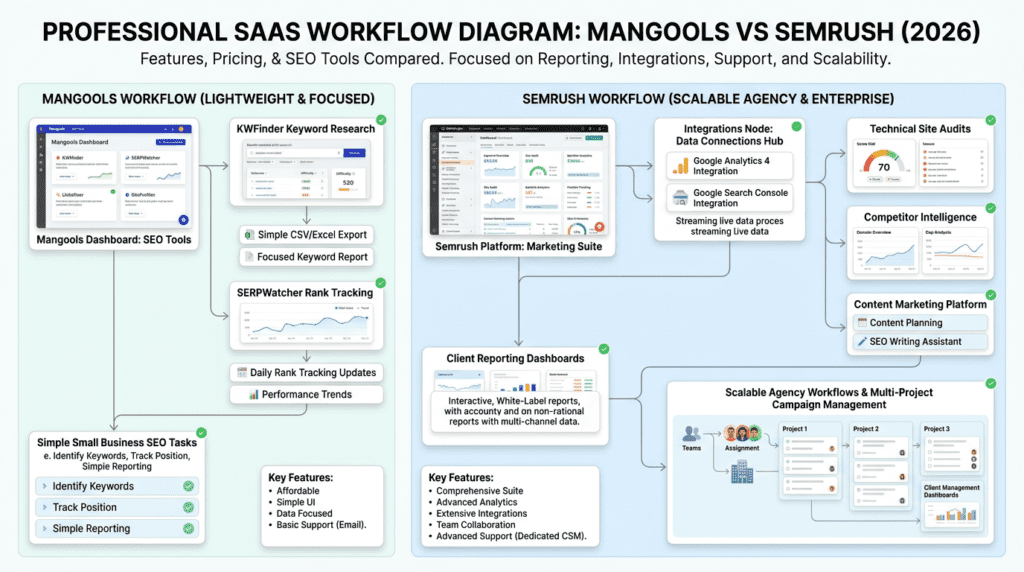 Mangools Vs Semrush reporting integrations and scalability workflow diagram