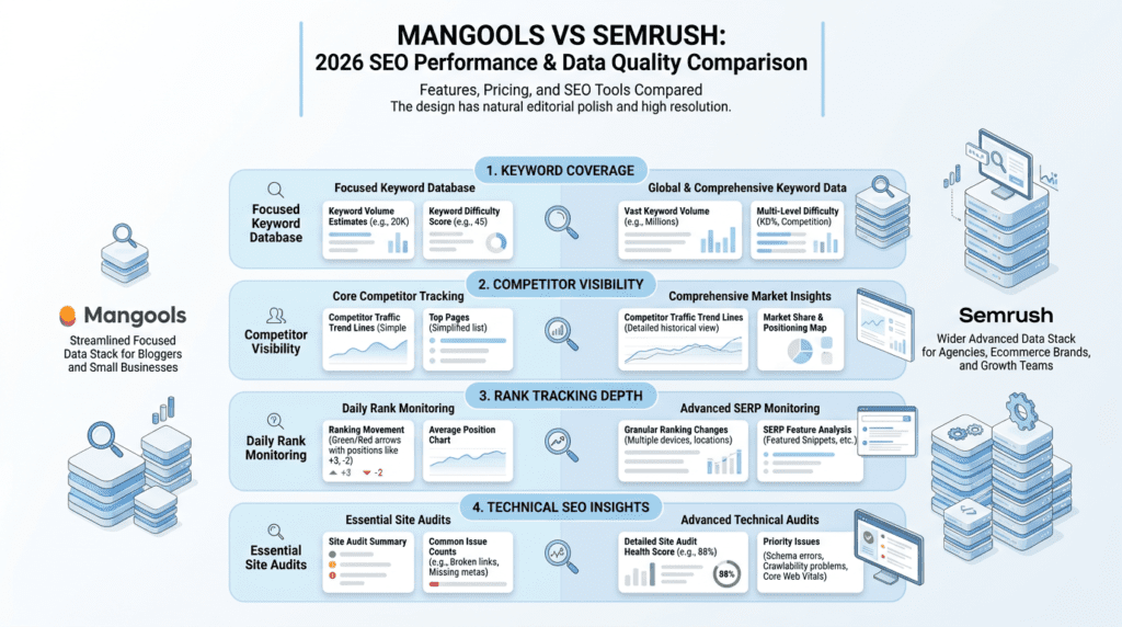 Mangools Vs Semrush data quality comparison across SEO performance metrics