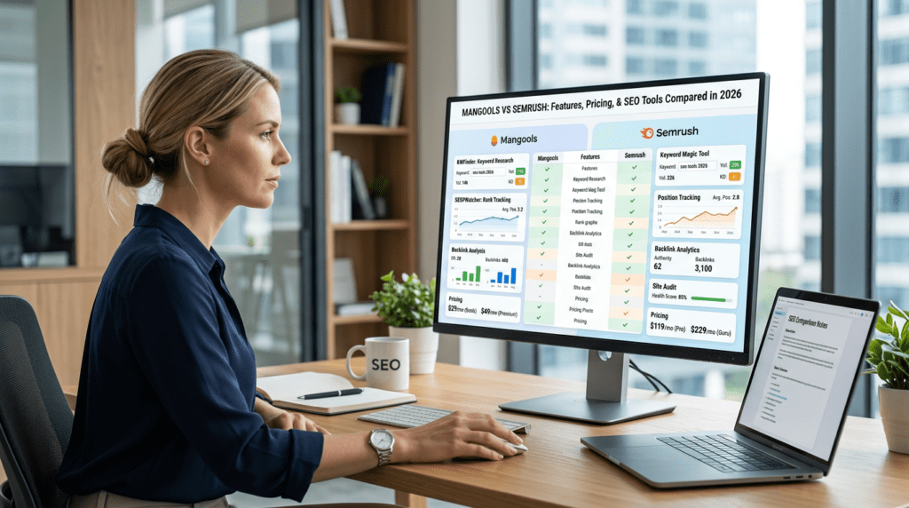 Mangools Vs Semrush SEO dashboard comparison on a professional workspace
