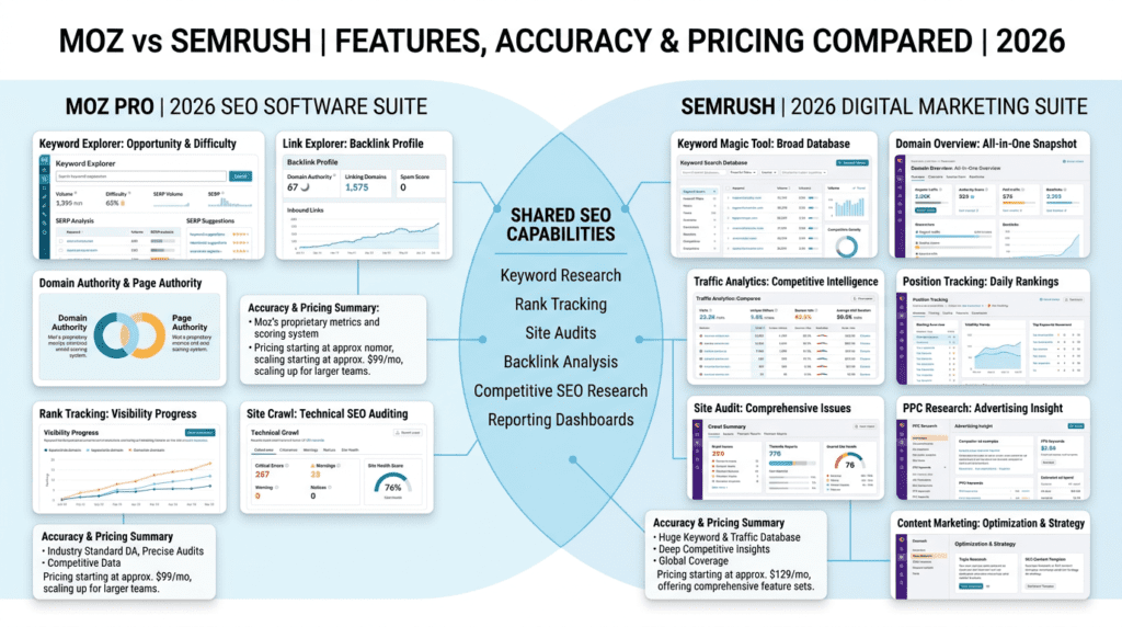 Moz Vs Semrush feature overlap across core SEO tools