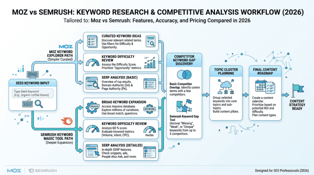 Moz Vs Semrush keyword research workflow for competitor analysis