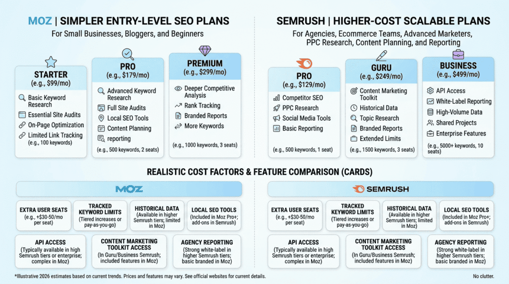 Moz Vs Semrush pricing and hidden SEO tool costs