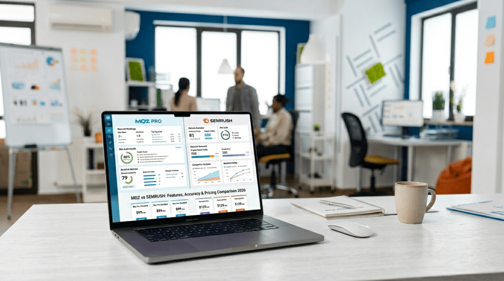 Moz Vs Semrush dashboards comparing SEO features in 2026