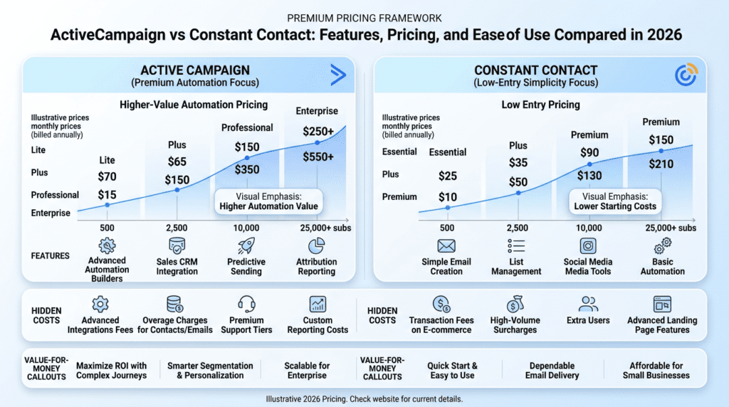 ActiveCampaign vs Constant Contact pricing and value infographic
