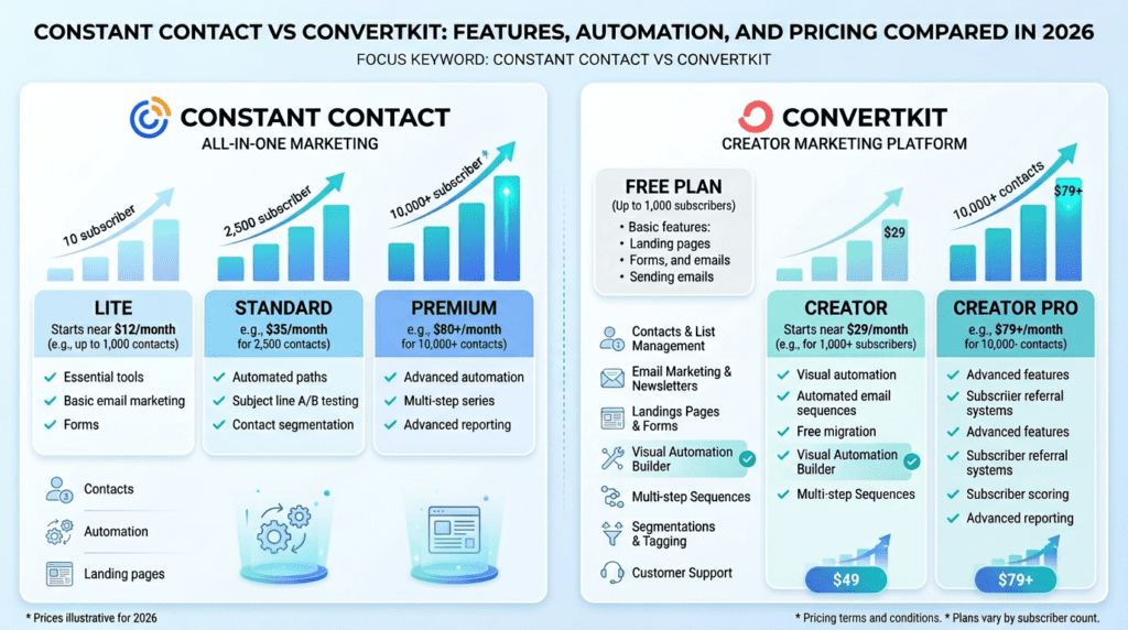 Constant Contact Vs Convertkit pricing comparison with plan tiers