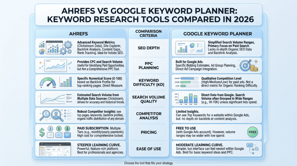 Ahrefs Vs Google Keyword Planner side-by-side comparison infographic