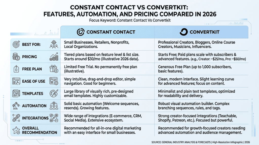 Constant Contact Vs Convertkit comparison infographic with key differences