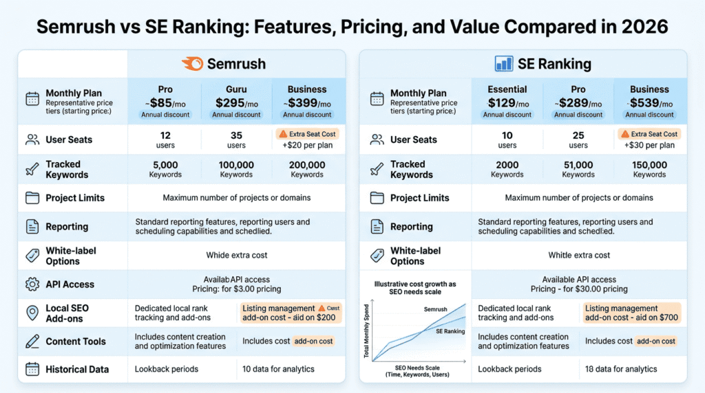 Semrush Vs Seranking pricing comparison with plan limits and add-ons