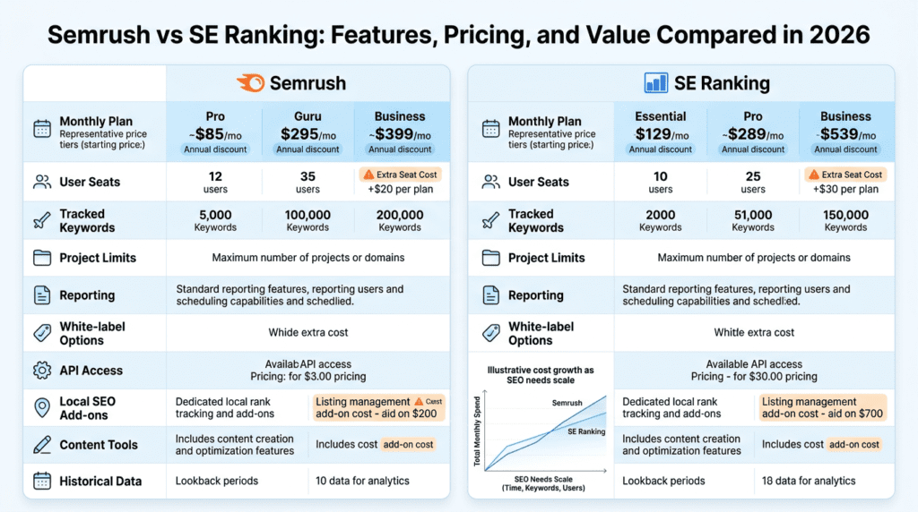 Semrush Vs Seranking pricing comparison with plan limits and add-ons