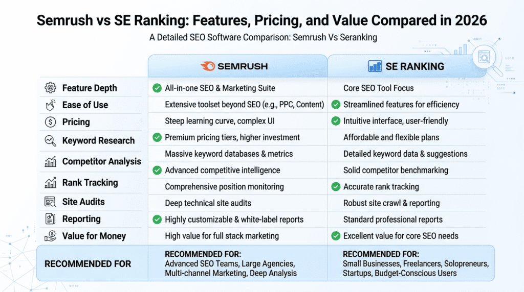 Semrush Vs Seranking verdict table comparing SEO tool strengths