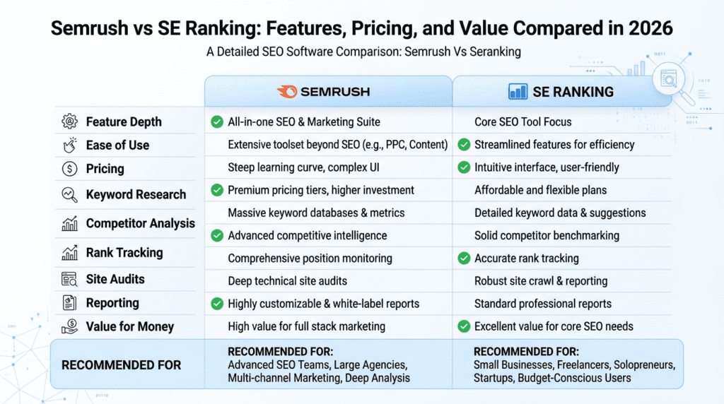 Semrush Vs Seranking verdict table comparing SEO tool strengths
