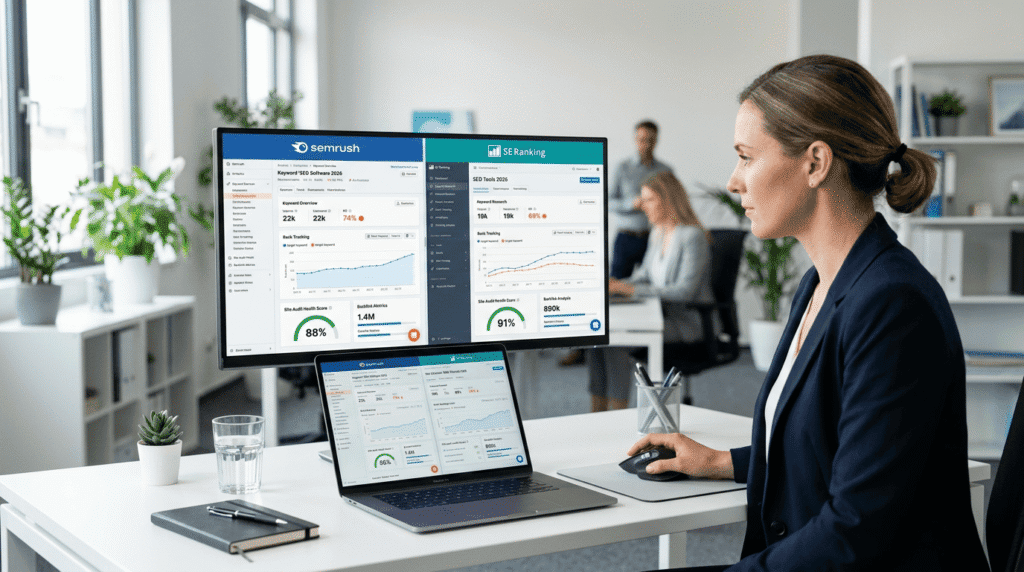Semrush Vs Seranking comparison dashboard on a professional SEO workspace