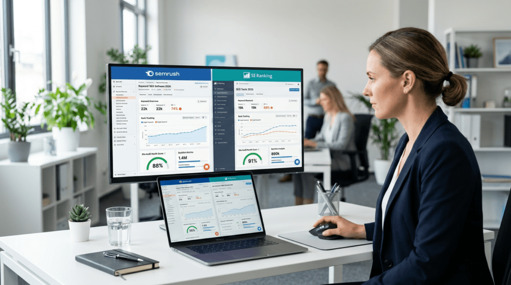 Semrush Vs Seranking comparison dashboard on a professional SEO workspace