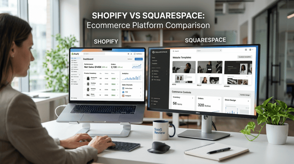 Shopify Vs Squarespace comparison shown on a modern ecommerce workspace