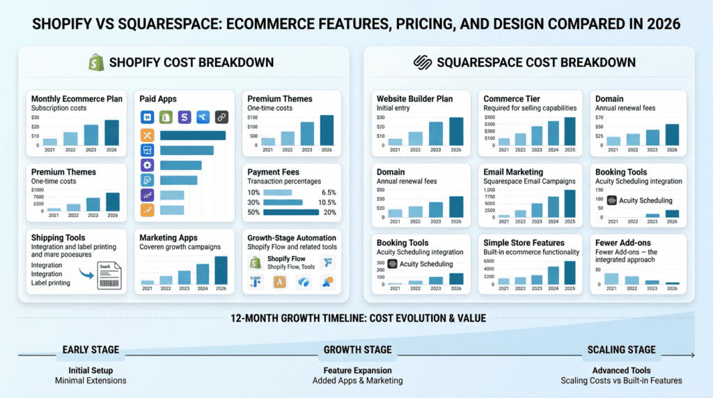 Shopify Vs Squarespace pricing comparison with apps and hidden costs