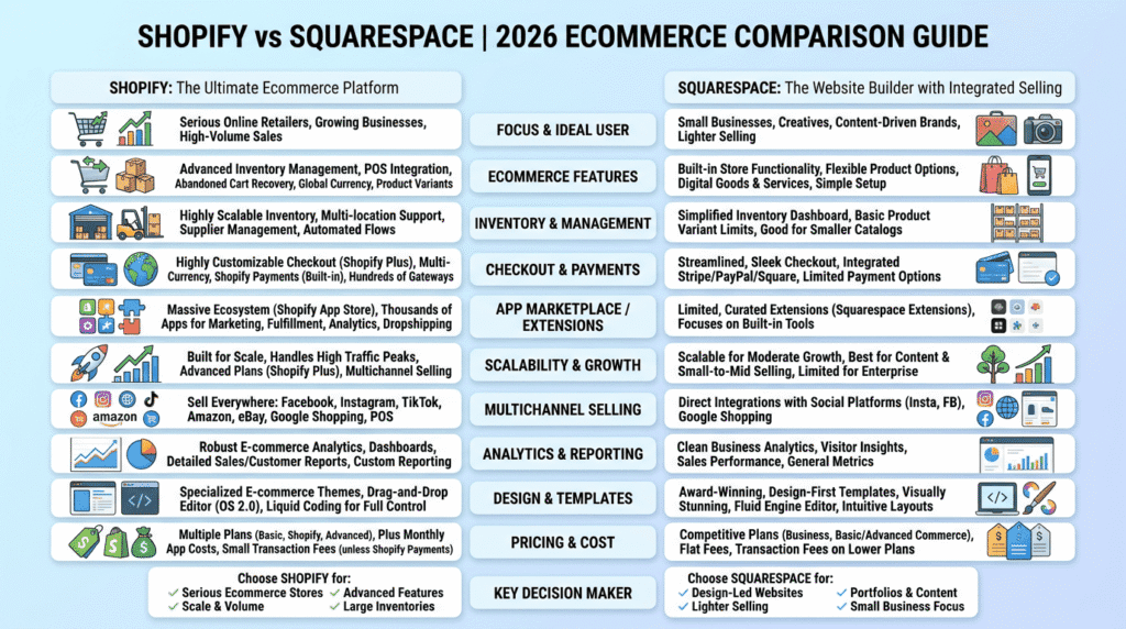 Shopify Vs Squarespace verdict table comparing ecommerce and design strengths