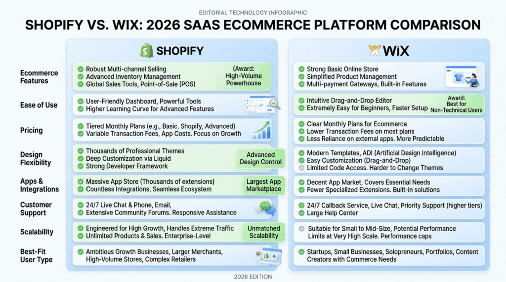 Shopify Vs Wix verdict table comparing ecommerce, pricing, design, and support