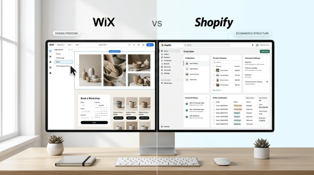 Shopify Vs Wix ease of use compared through builder and store dashboards