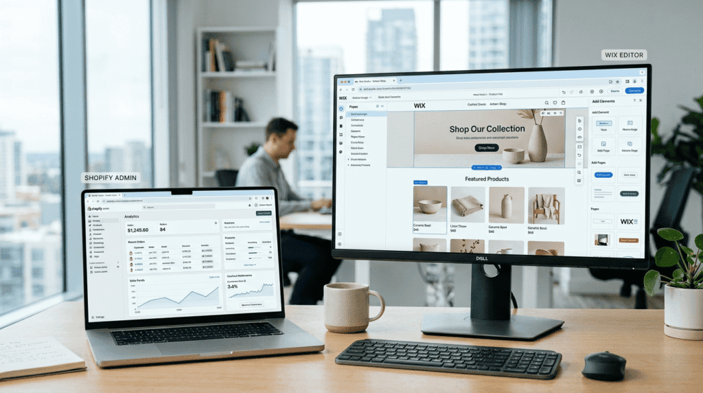 Shopify Vs Wix comparison shown on ecommerce and website builder dashboards