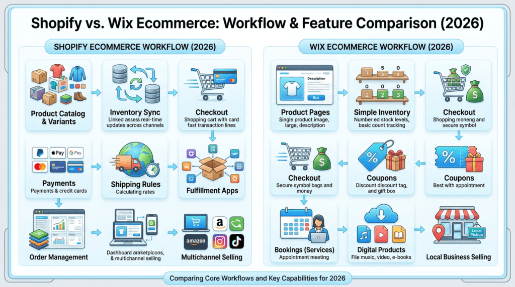 Shopify Vs Wix ecommerce workflow for inventory, checkout, shipping, and orders