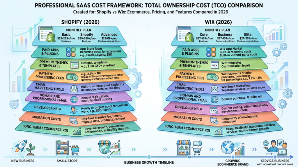 Shopify Vs Wix pricing framework showing plans, apps, fees, and value