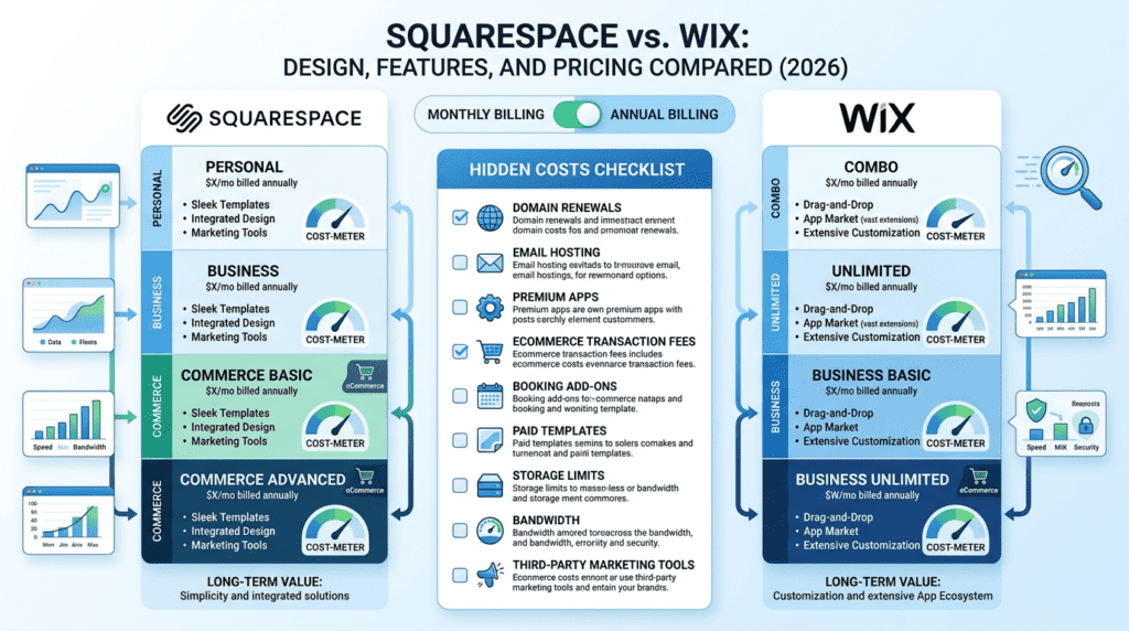 Squarespace Vs Wix pricing infographic with plans and hidden website costs