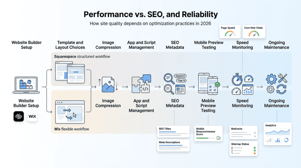 Squarespace Vs Wix SEO performance workflow for optimized website maintenance