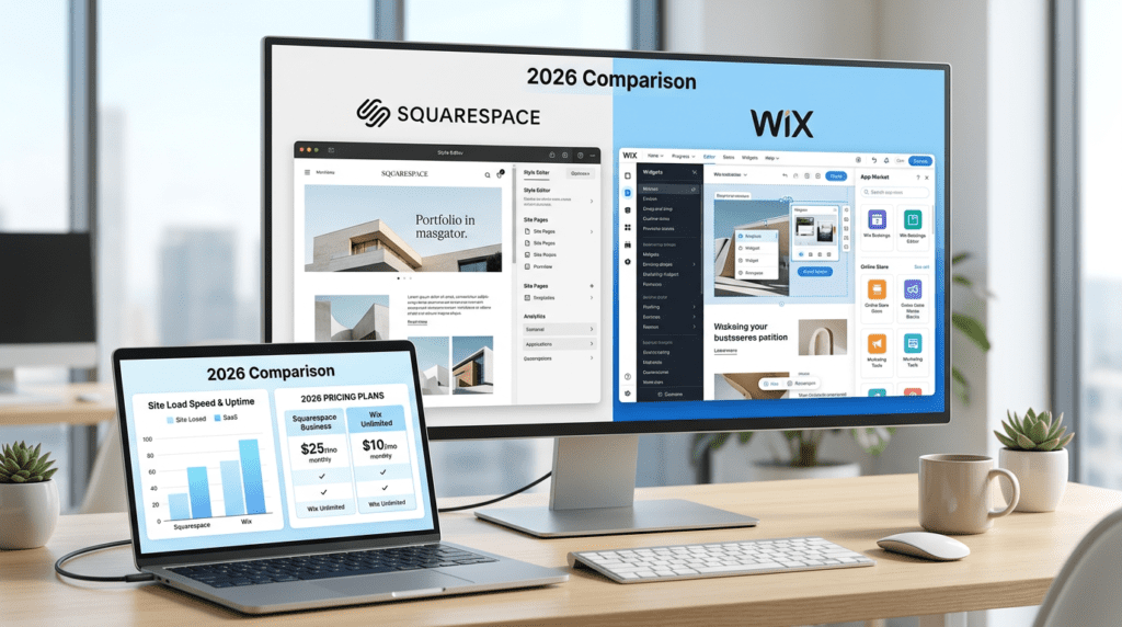 Squarespace Vs Wix website builder comparison on a professional laptop