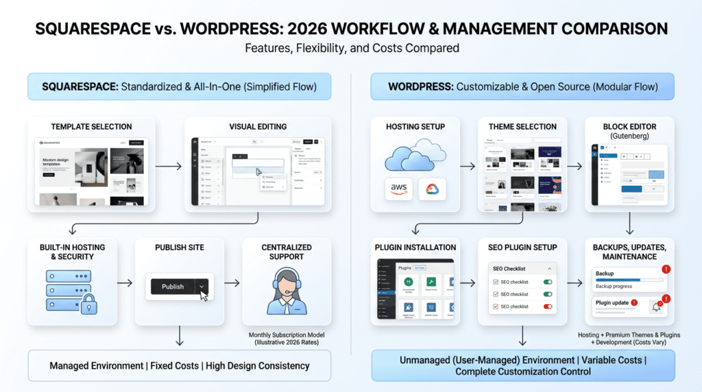Squarespace vs WordPress setup workflow from launch to maintenance