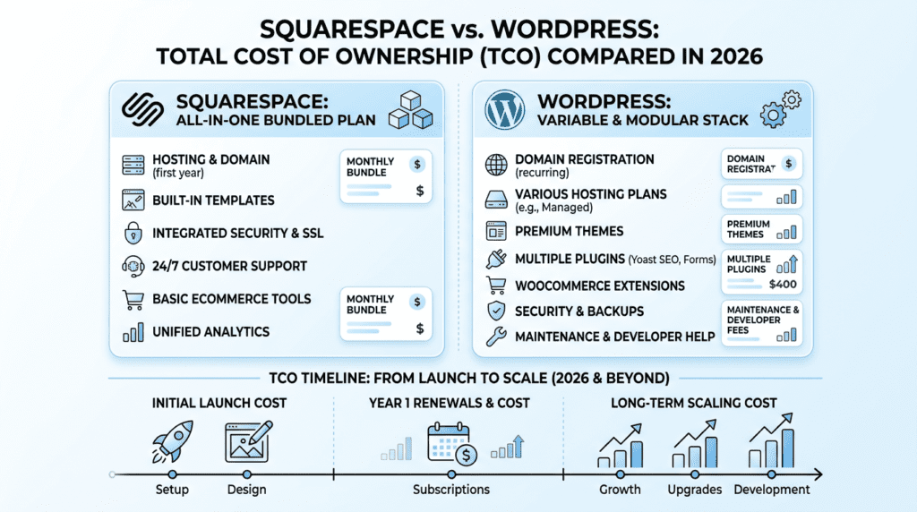 Squarespace vs WordPress pricing breakdown showing bundled and variable costs