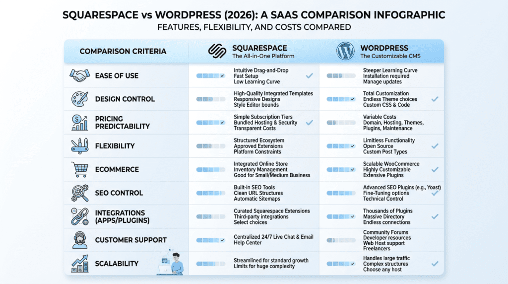 Squarespace vs WordPress decision matrix comparing cost features and scalability