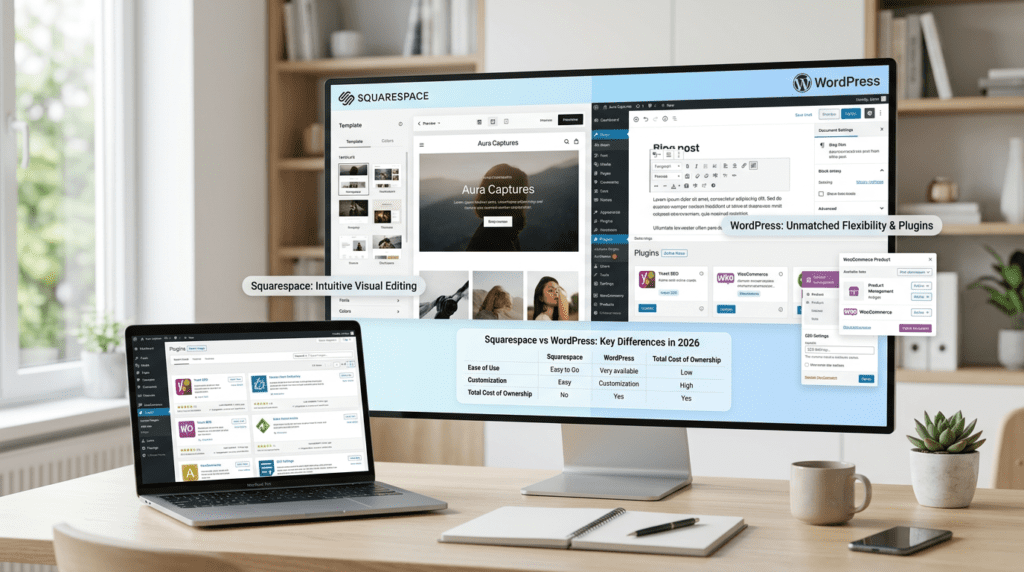 Squarespace vs WordPress comparison on a professional website builder workspace