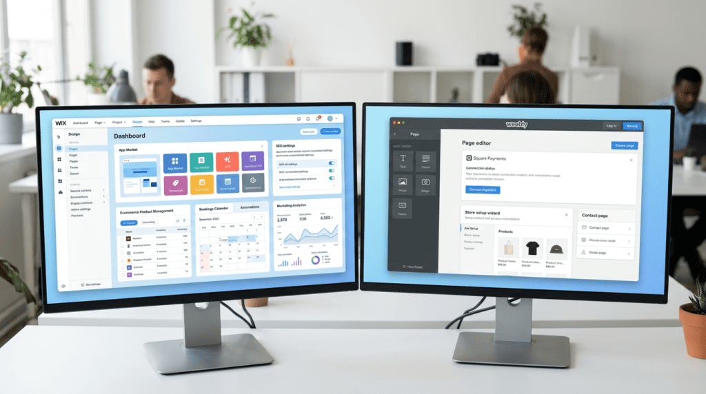 Weebly Vs Wix feature dashboards for ecommerce, SEO, apps, and design