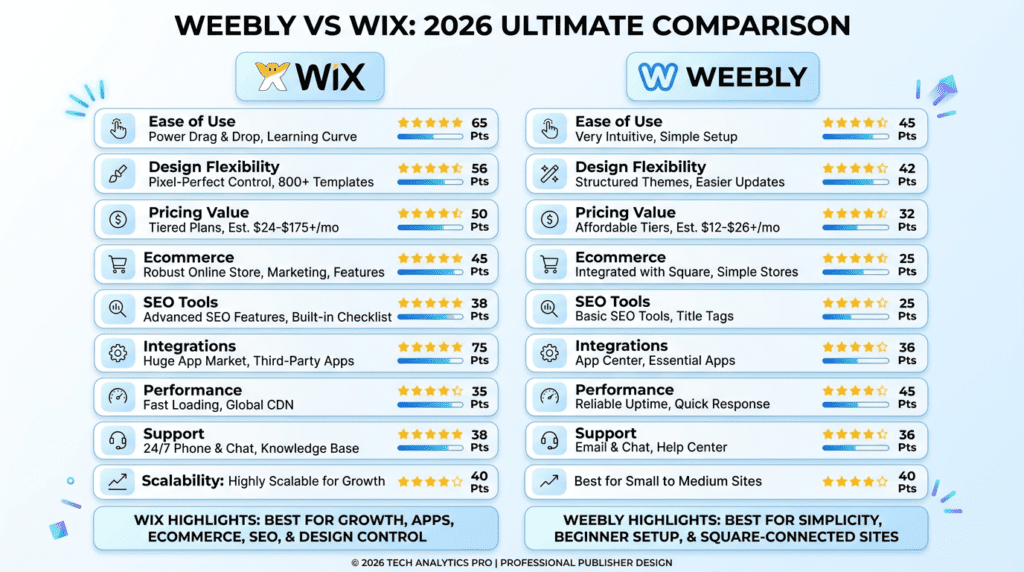 Weebly Vs Wix verdict table comparing features, SEO, pricing, and ecommerce