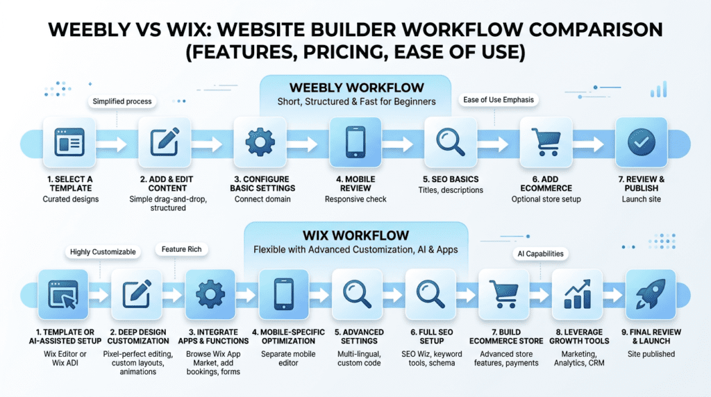 Weebly Vs Wix setup workflow comparing launch speed and editor flexibility