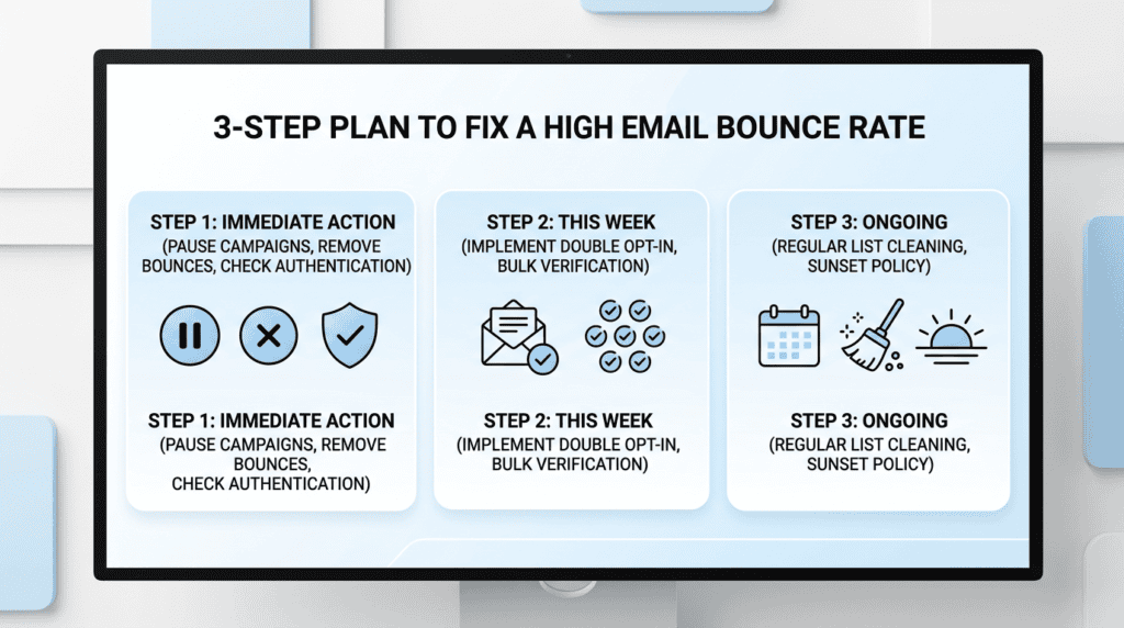 Infographic outlining a 3-step plan to fix high email bounce rate issues.