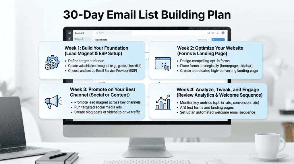 Infographic outlining a 30-day plan for building an email list from scratch.