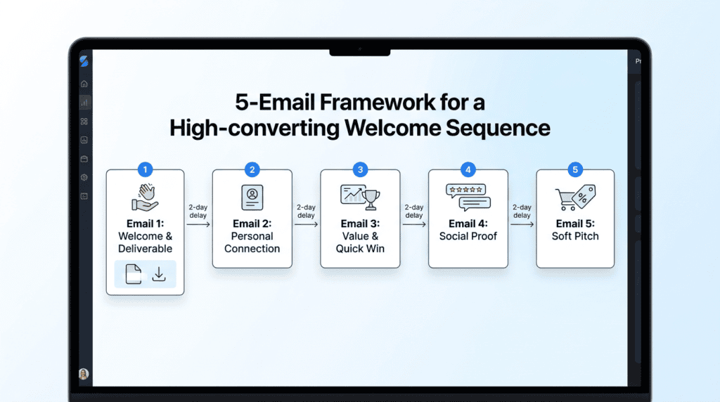 Workflow diagram illustrating a 5-email framework for a high-converting welcome email sequence with specific content for each step.
