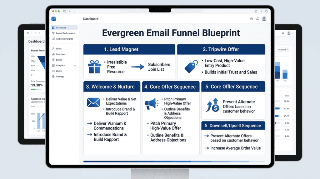 Infographic detailing the 5 essential components of a high-converting evergreen email funnel.