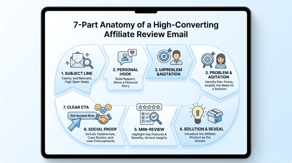 Infographic detailing the 7-part anatomy of a high-converting affiliate review email structure.