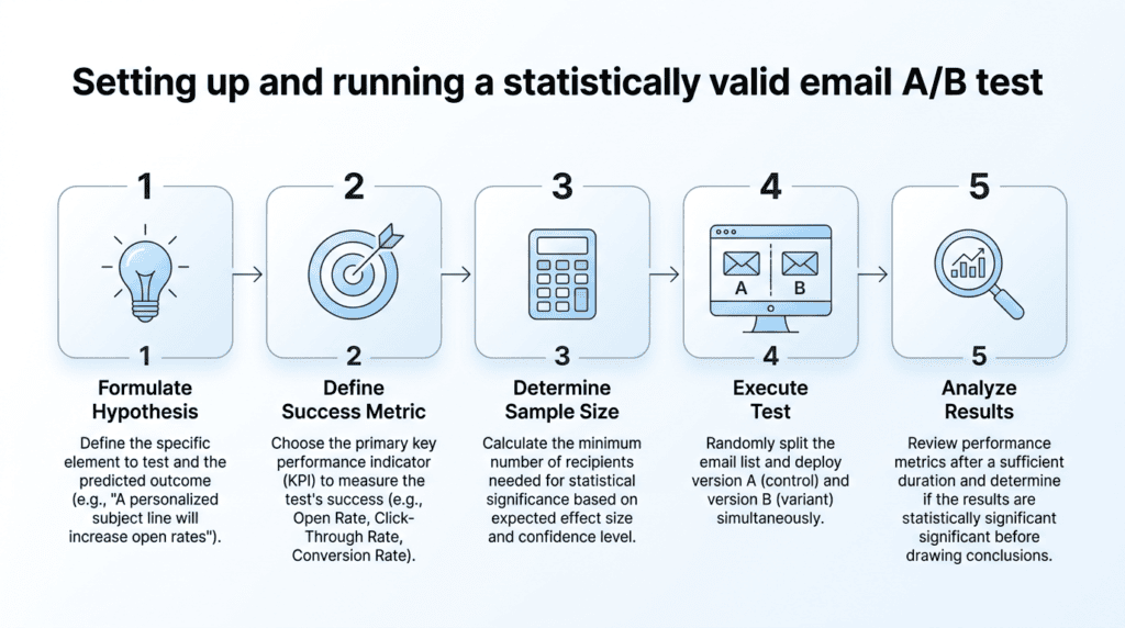 5-step process diagram for setting up valid A/B testing emails.