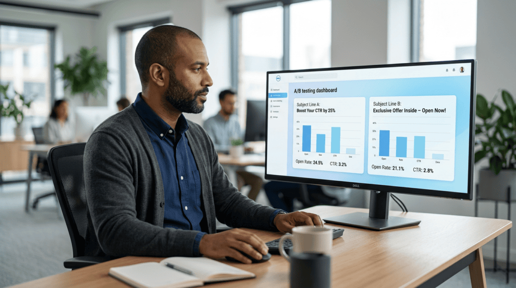 Data analyst reviewing A/B test results for email subject lines on a marketing dashboard.