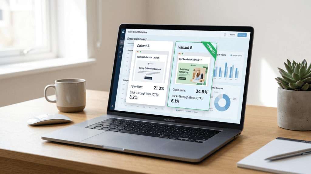 Laptop screen showing A/B testing emails with two variants and performance metrics.