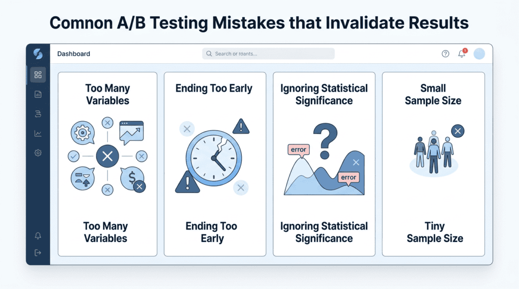 Infographic showing common mistakes in A/B testing emails.